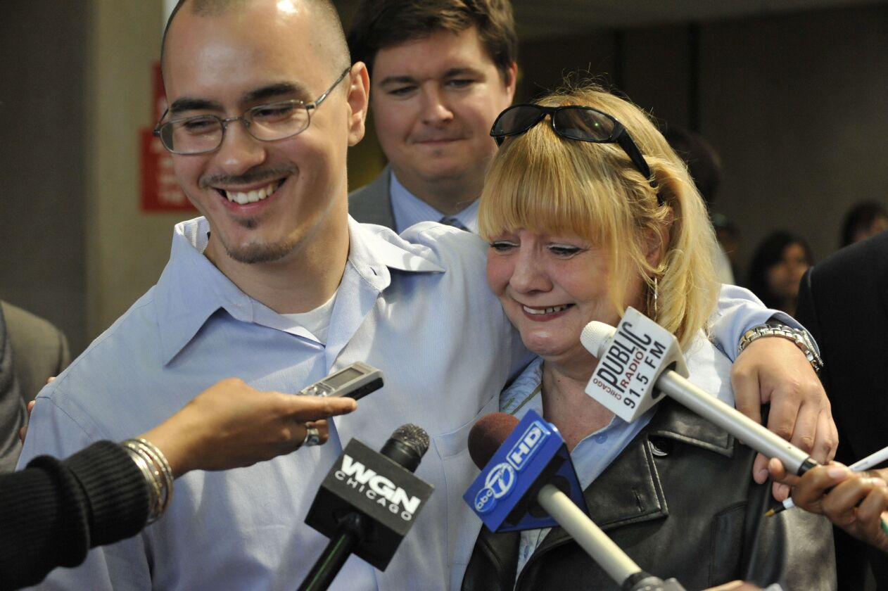 In happier times, Thaddeus “T.J.” Jimenez and his mother Victoria on June 3, 2009. after he was awarded a certificate of innocence in the murder case that sent him to prison at 13.
